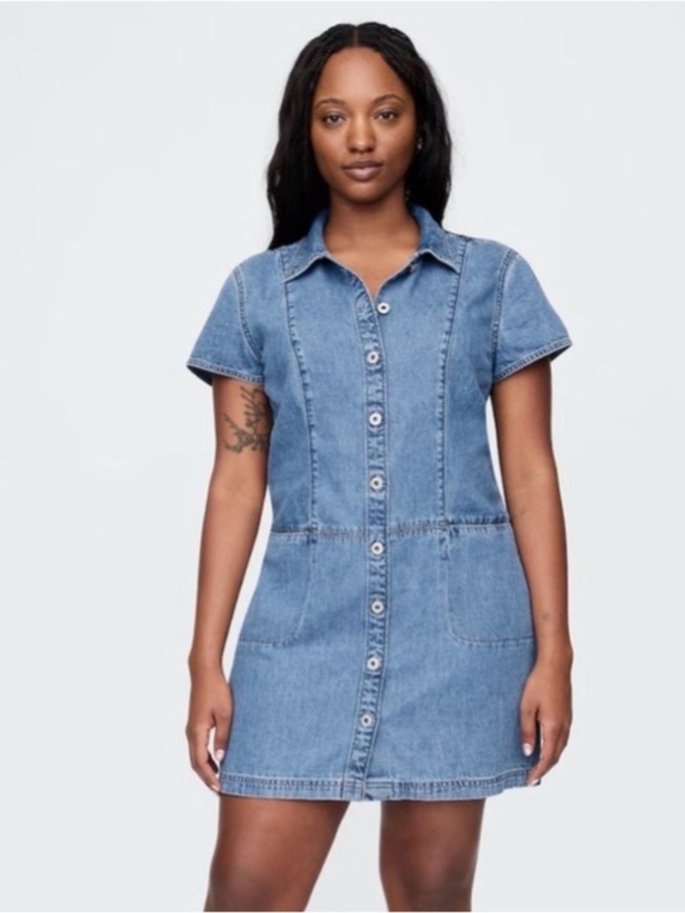 GAP Medium Wash Denim Button Front Short Sleeve Mini Dress Lyocell EUC XXL #2657